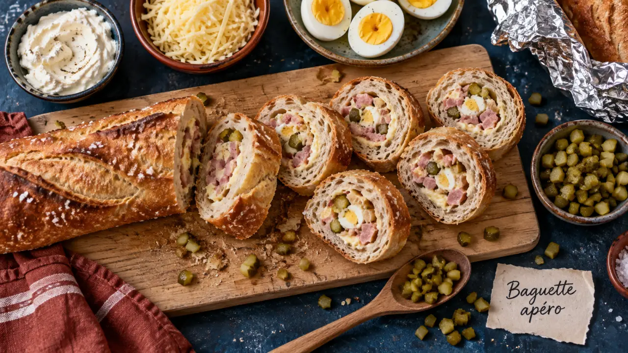 Baguette apéro farcie au jambon en rondelles nettes