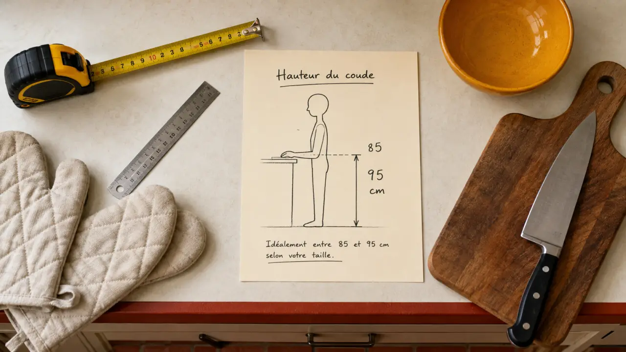 Cuisine : plan de travail hauteur, 10 à 15 cm sous le coude.