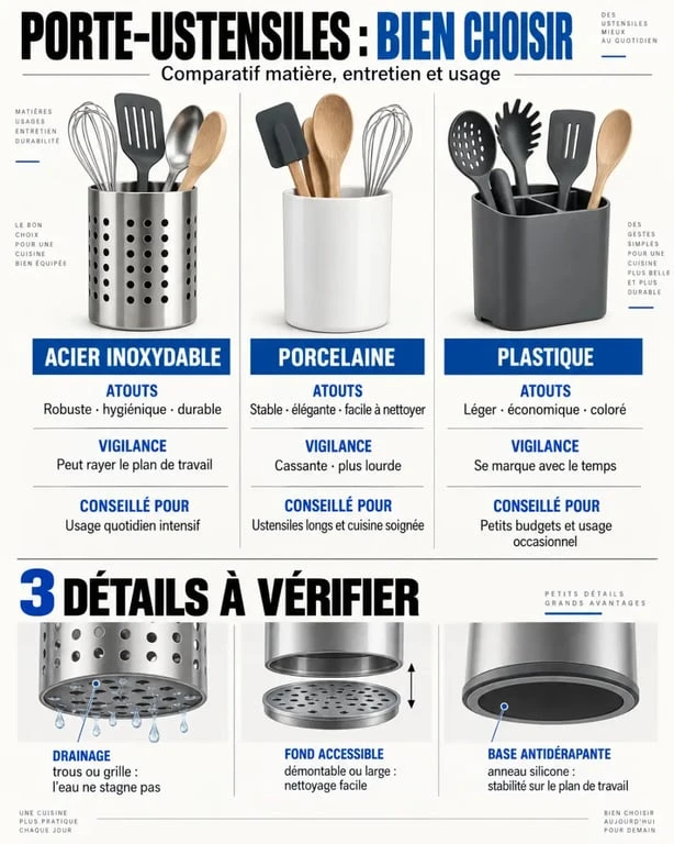 Infographie comparative des matériaux et critères d'un porte ustensiles cuisine