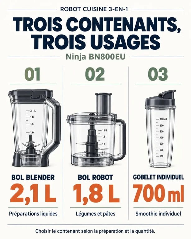 Robot cuisine Ninja BN800EU avec bol blender 2,1 L, bol robot 1,8 L et gobelet individuel 700 ml
