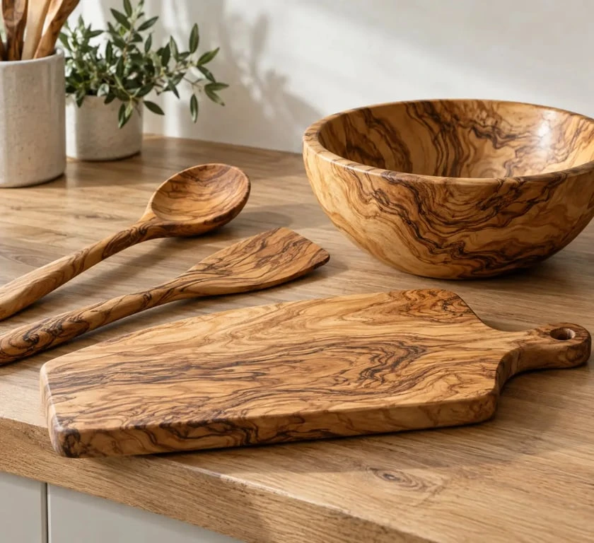 Ustensiles de cuisine en bois d’olivier avec veinage naturel et finition huilée