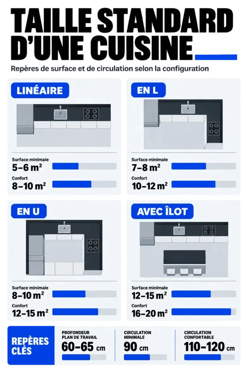 Taille standard cuisine : comparaison visuelle des surfaces, profondeurs et circulations
