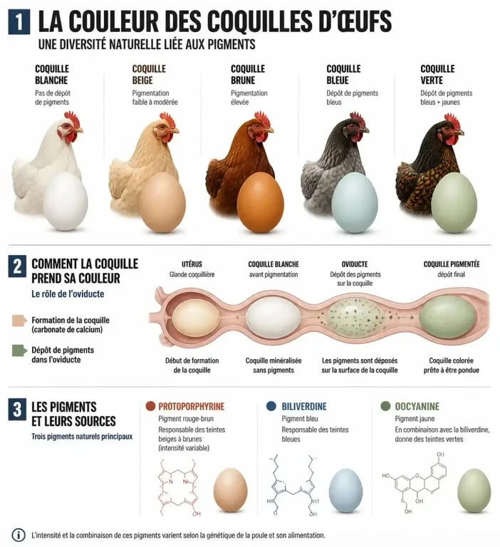 Couleur coquille d'œuf : races de poules, pigments et teintes blanches, brunes, bleues ou vertes