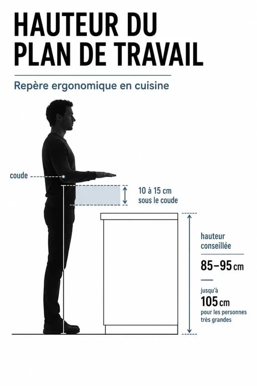 Cuisine plan de travail hauteur : repères ergonomiques pour mesurer le coude et choisir la bonne hauteur