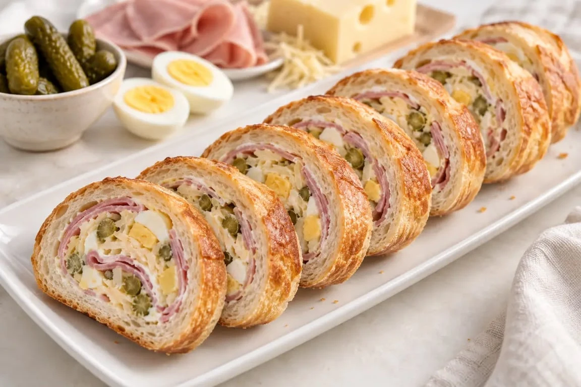 Baguette apéro farcie au jambon et au fromage découpée en rondelles