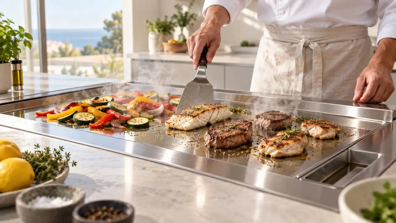 Utilisation d’une plancha encastrable pour cuire légumes, poisson et viande