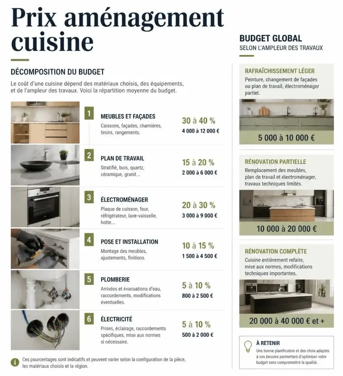 Infographie des prix d'aménagement de cuisine et de la répartition des principaux postes de budget