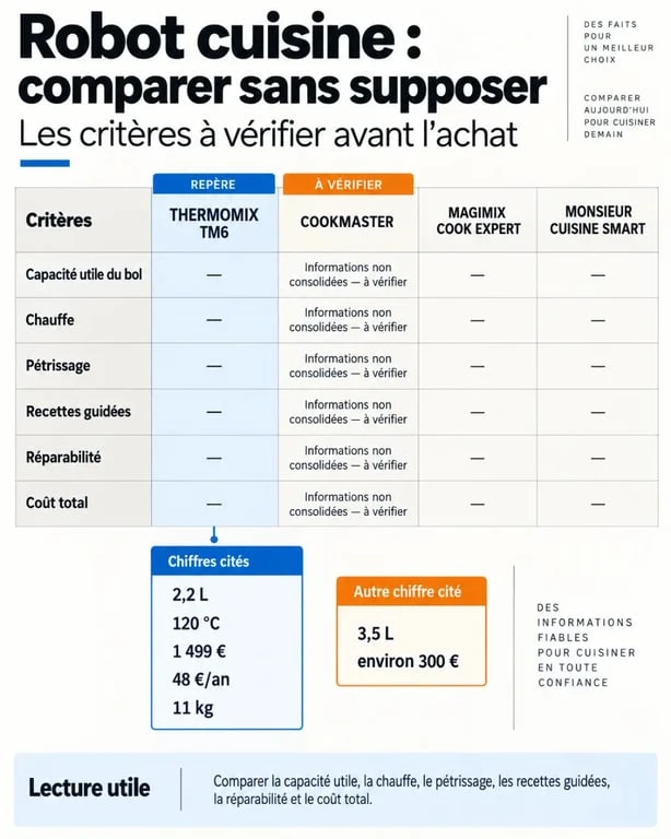 Infographie sur le robot cuisine Thermomix concurrent Cookmaster et les critères de comparaison