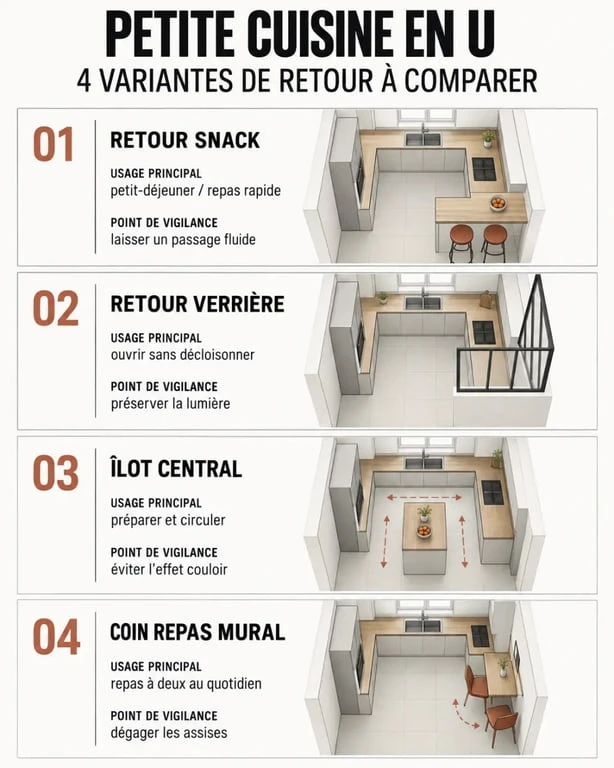Infographie des variantes d’une petite cuisine en U avec bar, verrière, îlot et coin repas