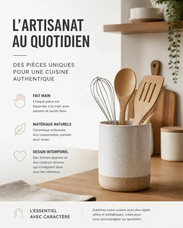 Pot à ustensiles de cuisine en céramique sur un plan de travail.