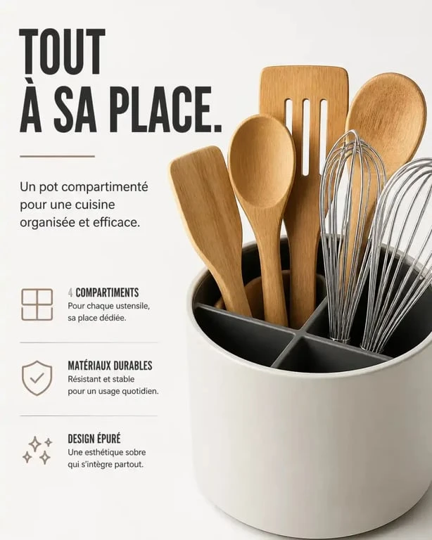 Organisation des ustensiles dans un pot de cuisine compartimenté.