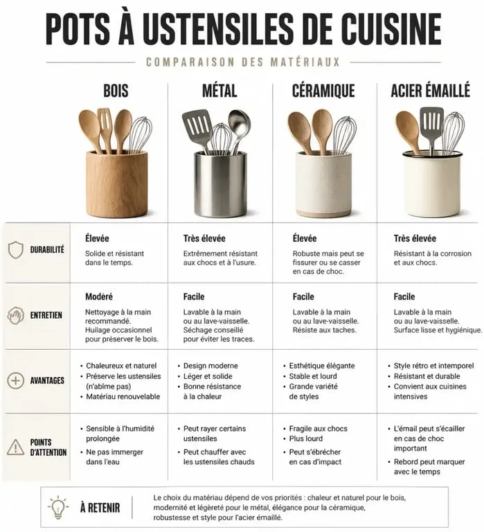 Comparatif des matériaux pour pot à ustensiles de cuisine : bois, métal, céramique.