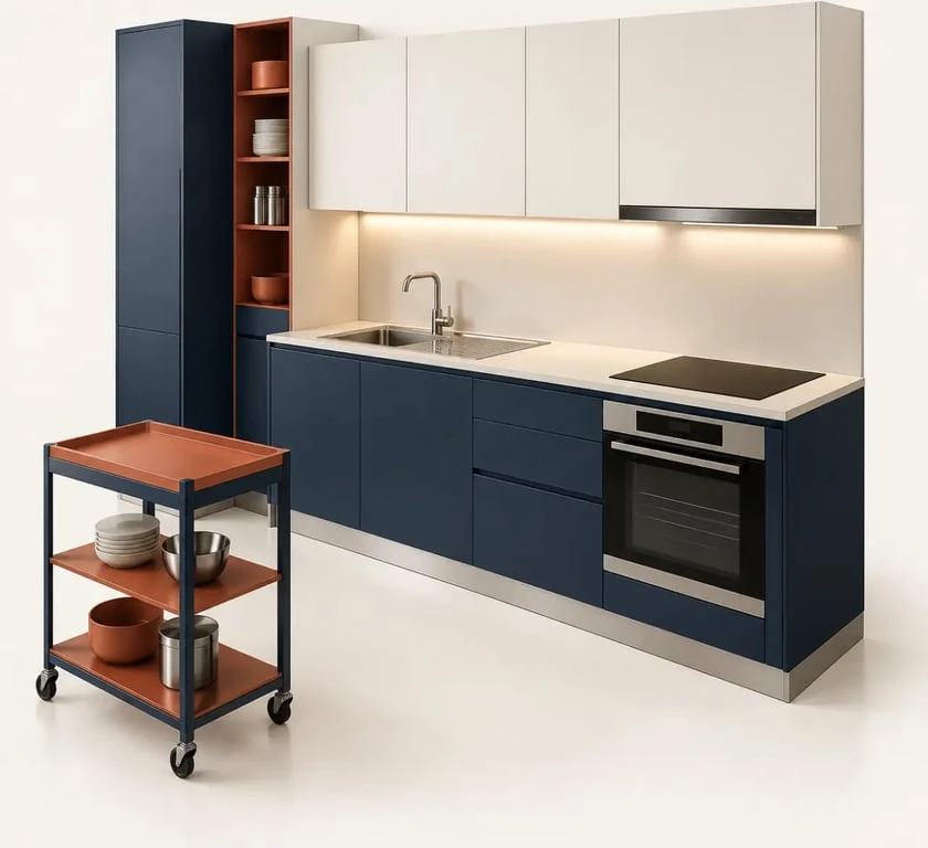 Petite cuisine aménagée avec rangements en hauteur, plan de travail dégagé et circulation fluide