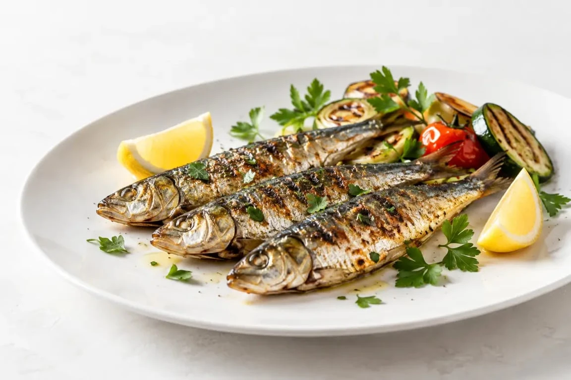 Sardines à la plancha dorées servies avec citron et herbes fraîches