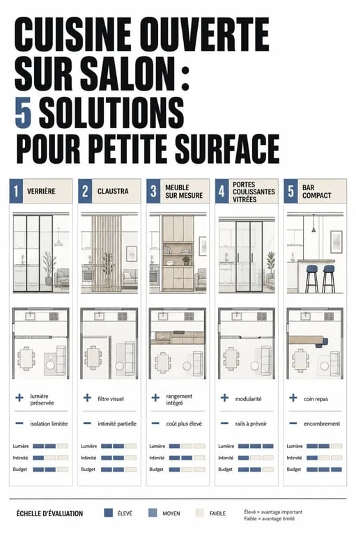 Cuisine ouverte sur salon 25m2 : comparaison visuelle des solutions de séparation