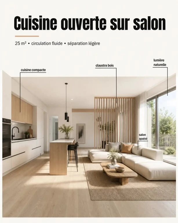 Cuisine ouverte sur salon 25m2 avec séparation légère et circulation fluide