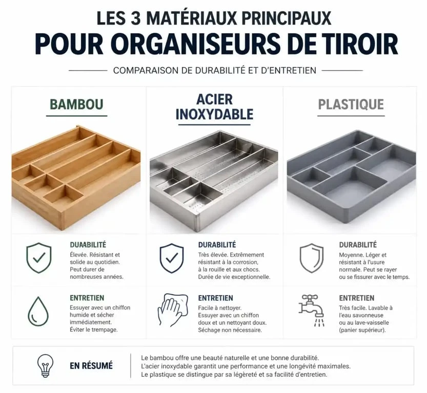 Comparatif des matériaux pour organisateur de tiroir de cuisine : bambou, inox et plastique
