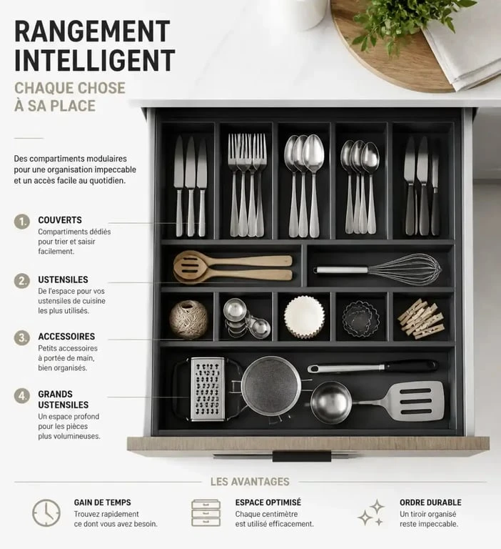 Exemple de rangement d'ustensiles de cuisine dans un tiroir compartimenté