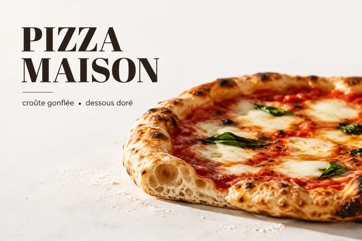 Réussir sa pâte à pizza maison comme à l'atelier pâtissier : pizza maison moelleuse et dorée, vue appétissante en 3/4