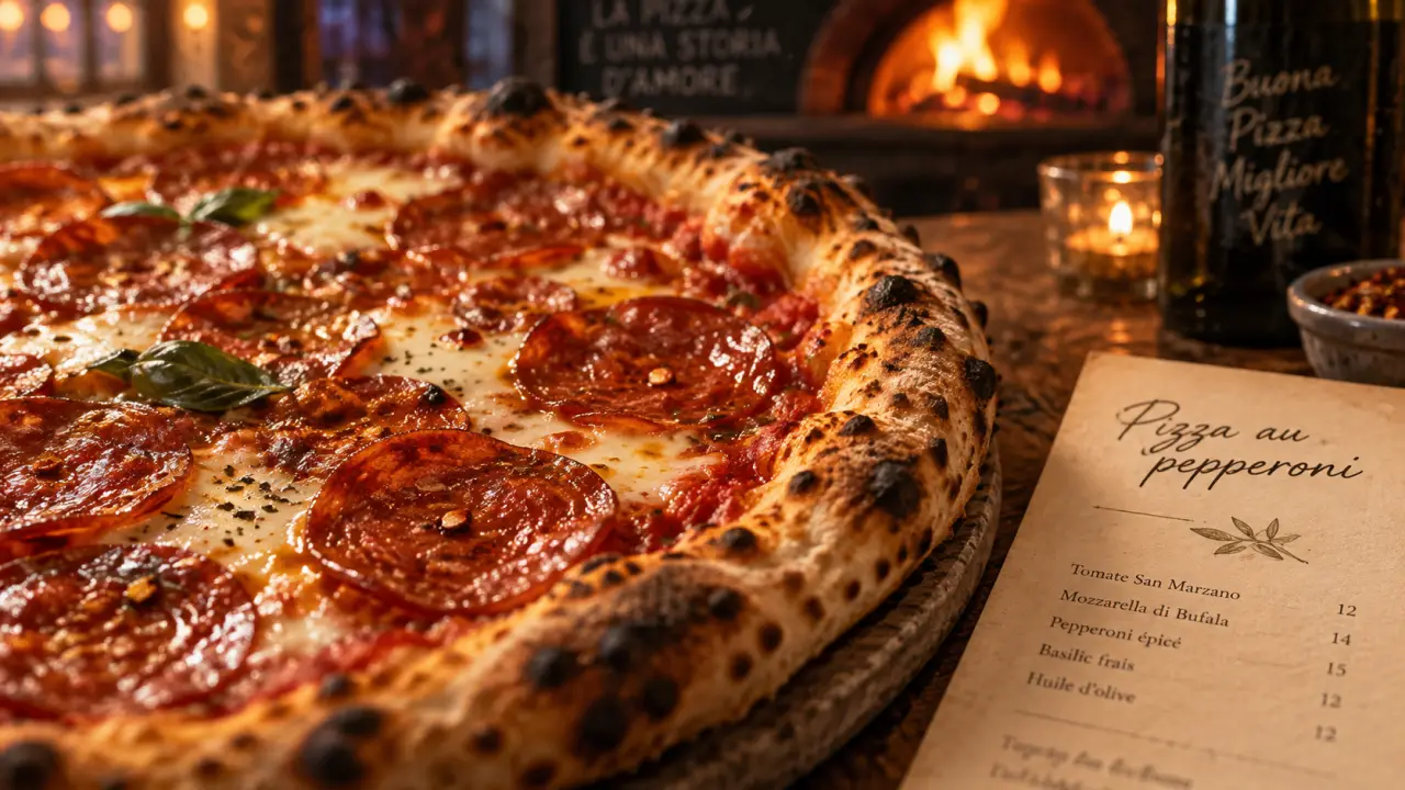 Pepperoni traduction : pizza au pepperoni sur pierre, tranches fines