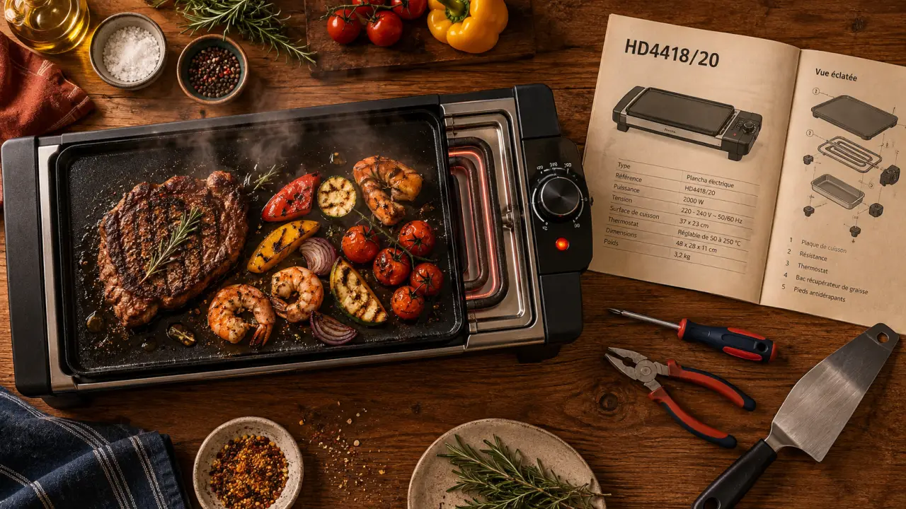 Plancha Philips HD4418/20 avec thermostat réglable sur plan de travail
