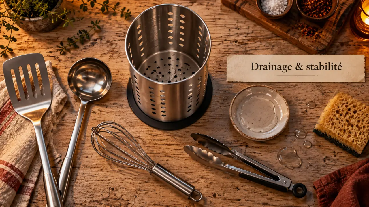 Porte ustensiles cuisine en inox, base antidérapante et drainage sur plan de travail