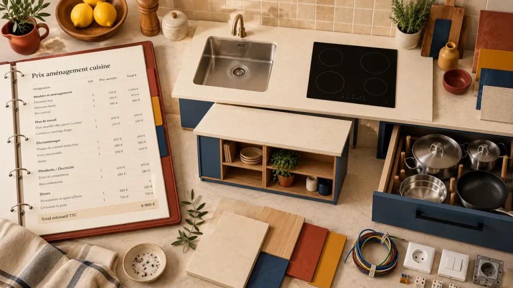 Prix aménagement cuisine : plan de travail, caisson, devis et accessoires