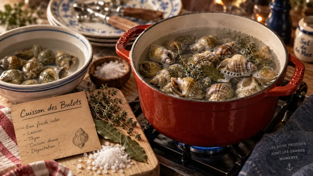 Cuisson des bulots : départ à froid, eau frémissante dans un faitout