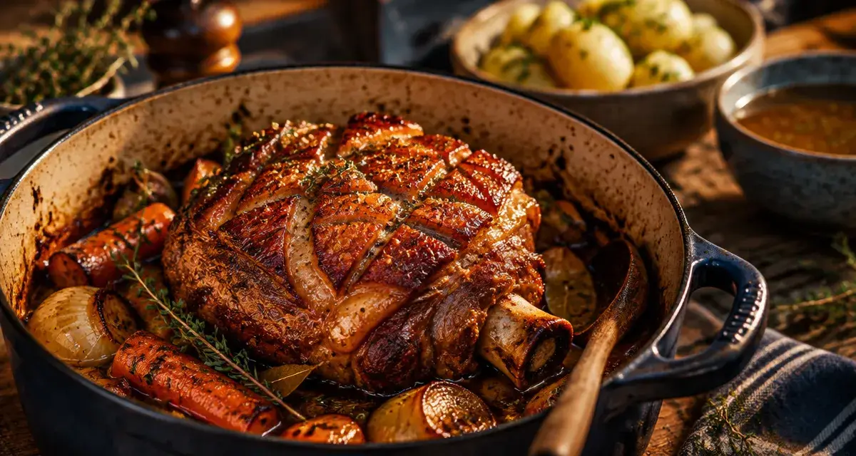 Cuisson jarret de porc : jarret rôti, couenne dorée, cocotte en fonte