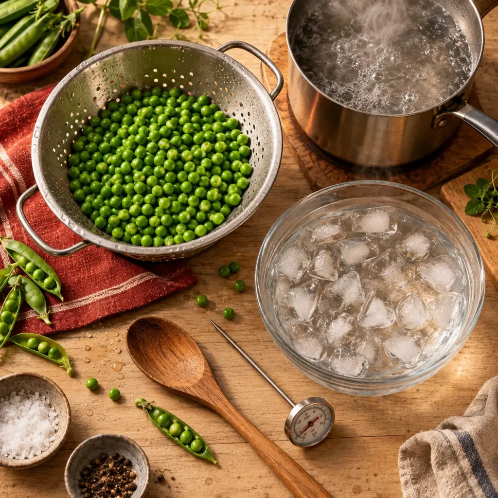 Cuisson petits pois frais : 5 à 10 minutes puis bain glacé