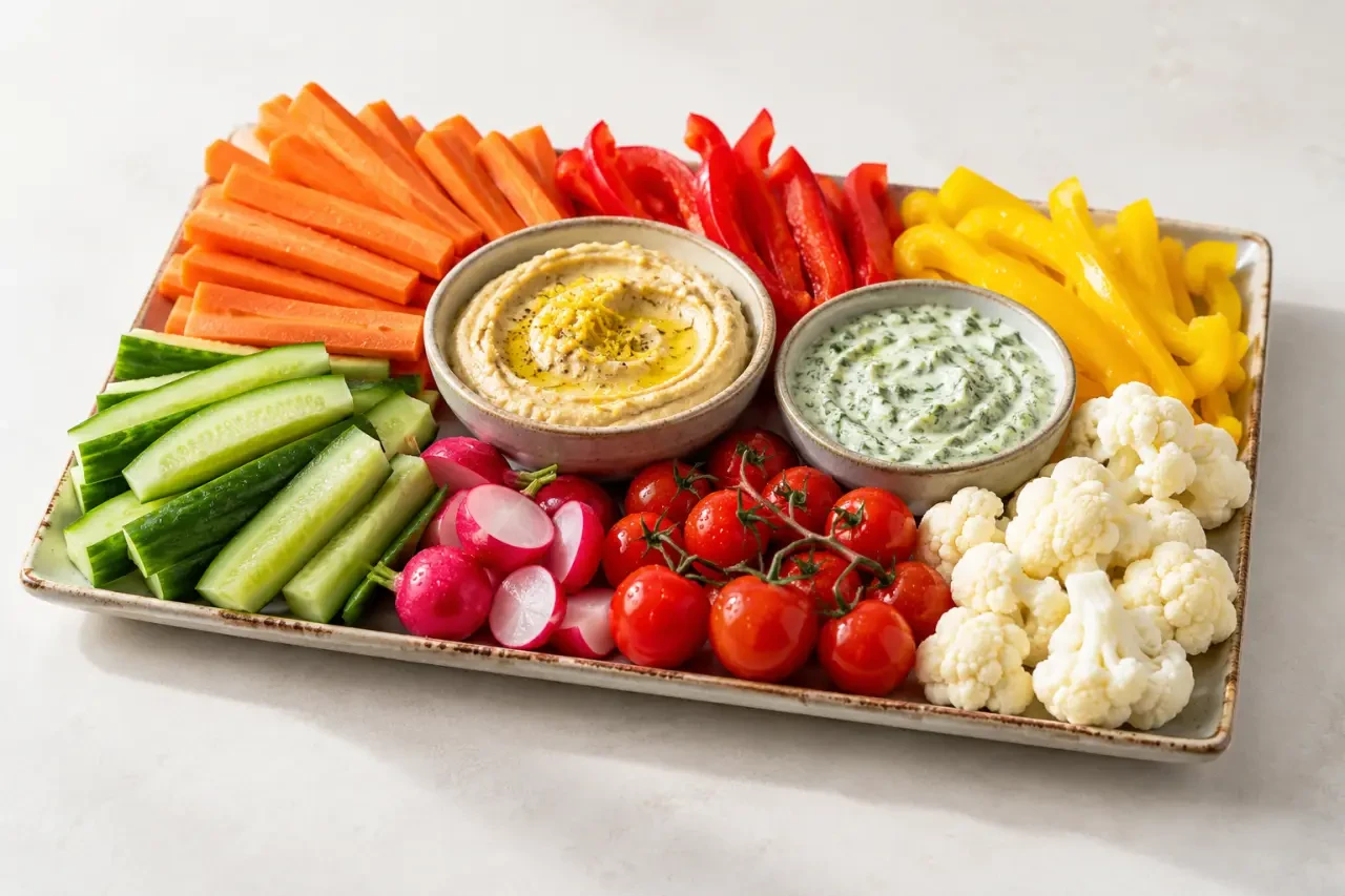 Légumes en apéro sauce avec houmous citronné et sauce fraîche aux herbes