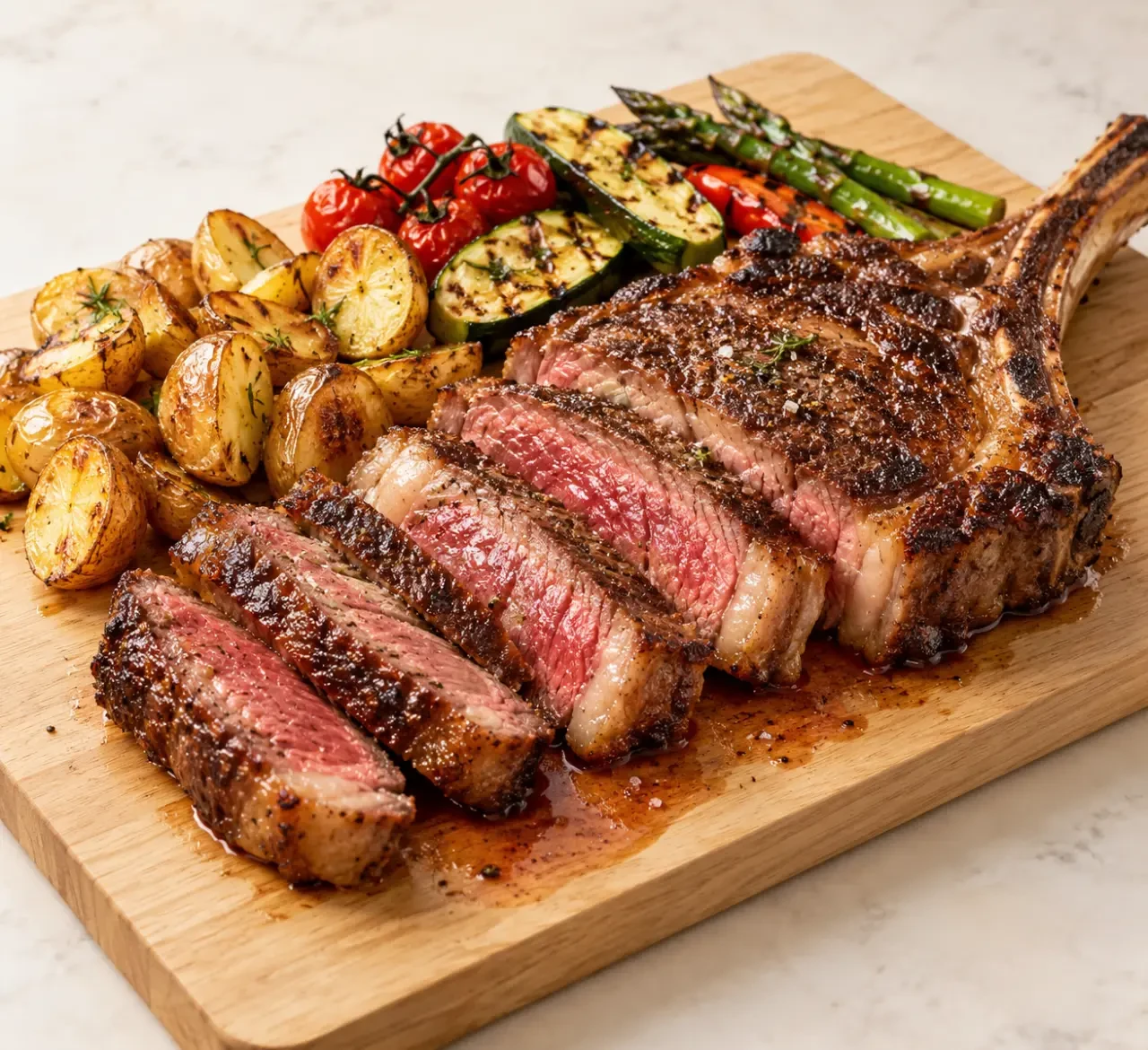 Cuisson côte de bœuf à la plancha, viande saisie et tranchée avec légumes grillés