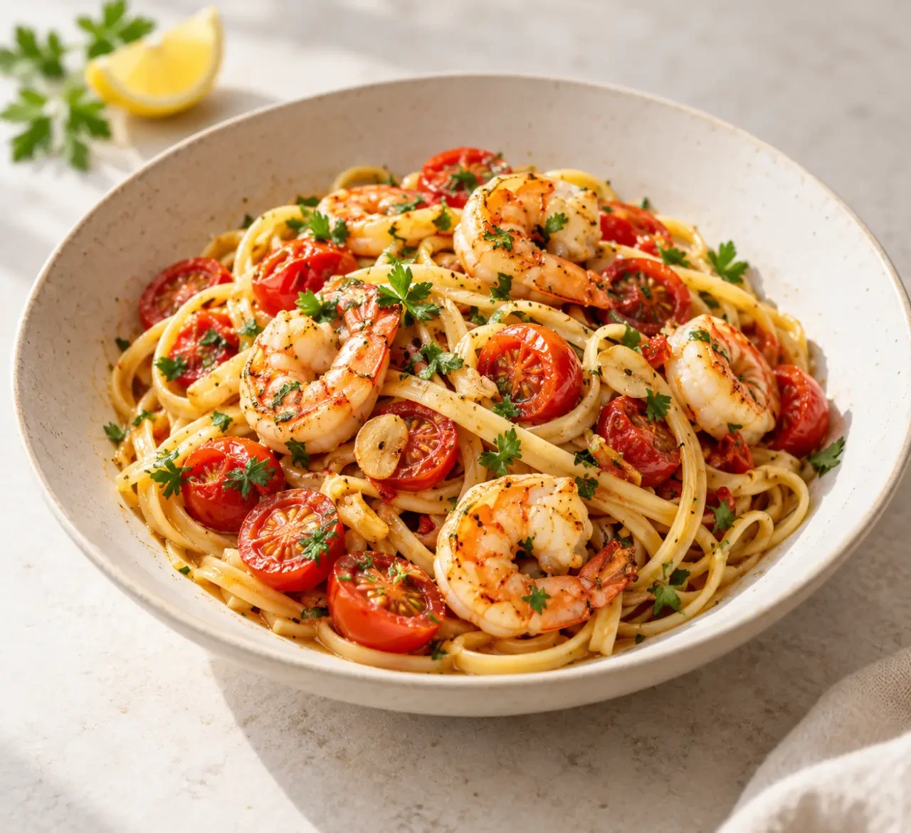 Pâtes aux crevettes recette italienne avec tomates cerises, ail et persil