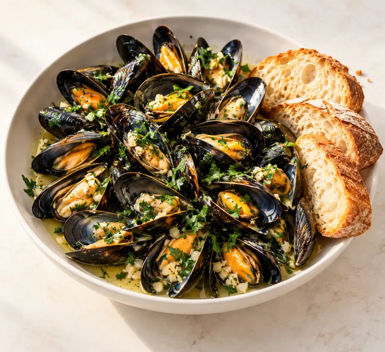 Moules a la plancha à l’ail, au persil et au vin blanc servies dans un plat