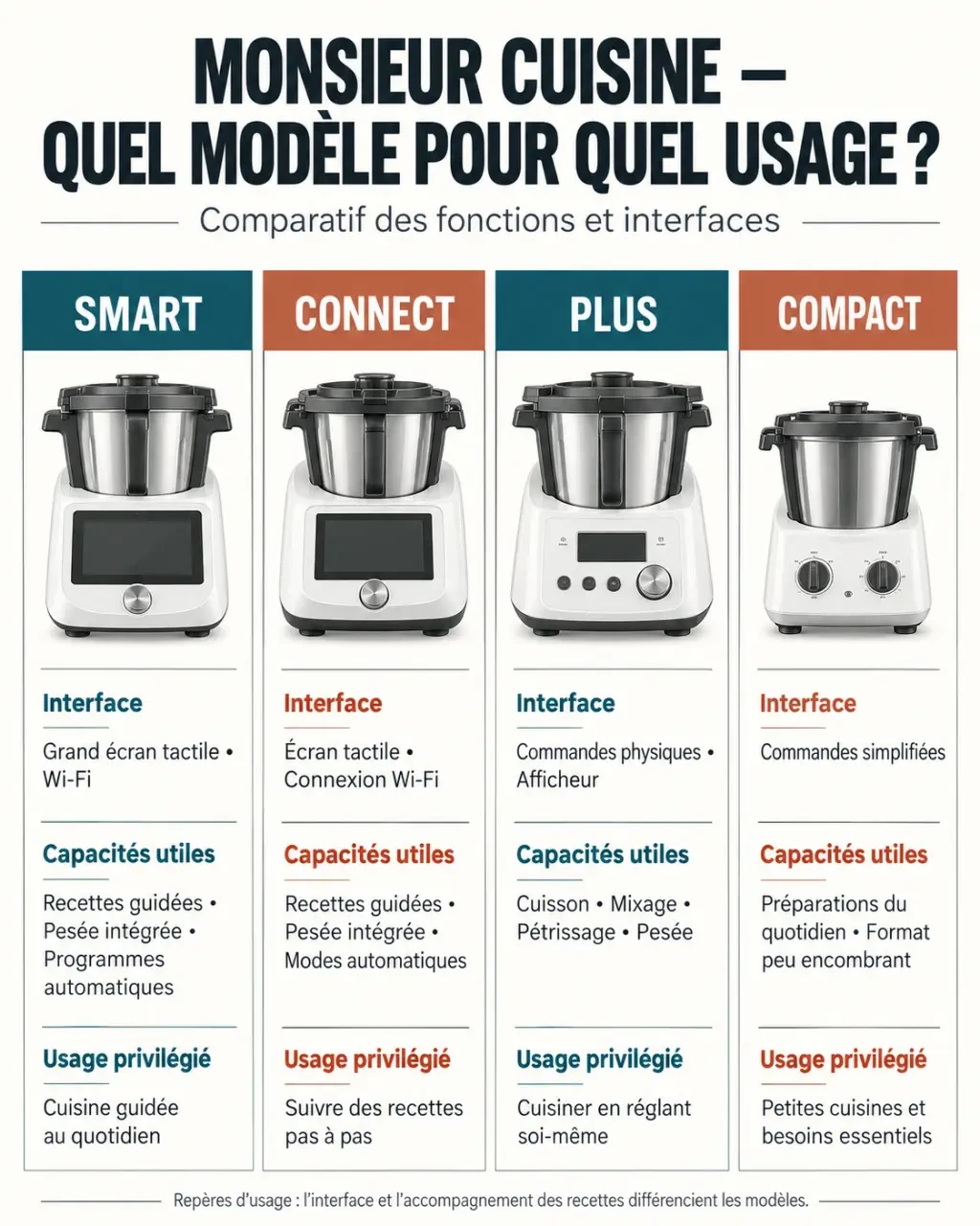 Infographie comparative des modèles de robot Monsieur Cuisine Smart, Connect, Plus et Compact
