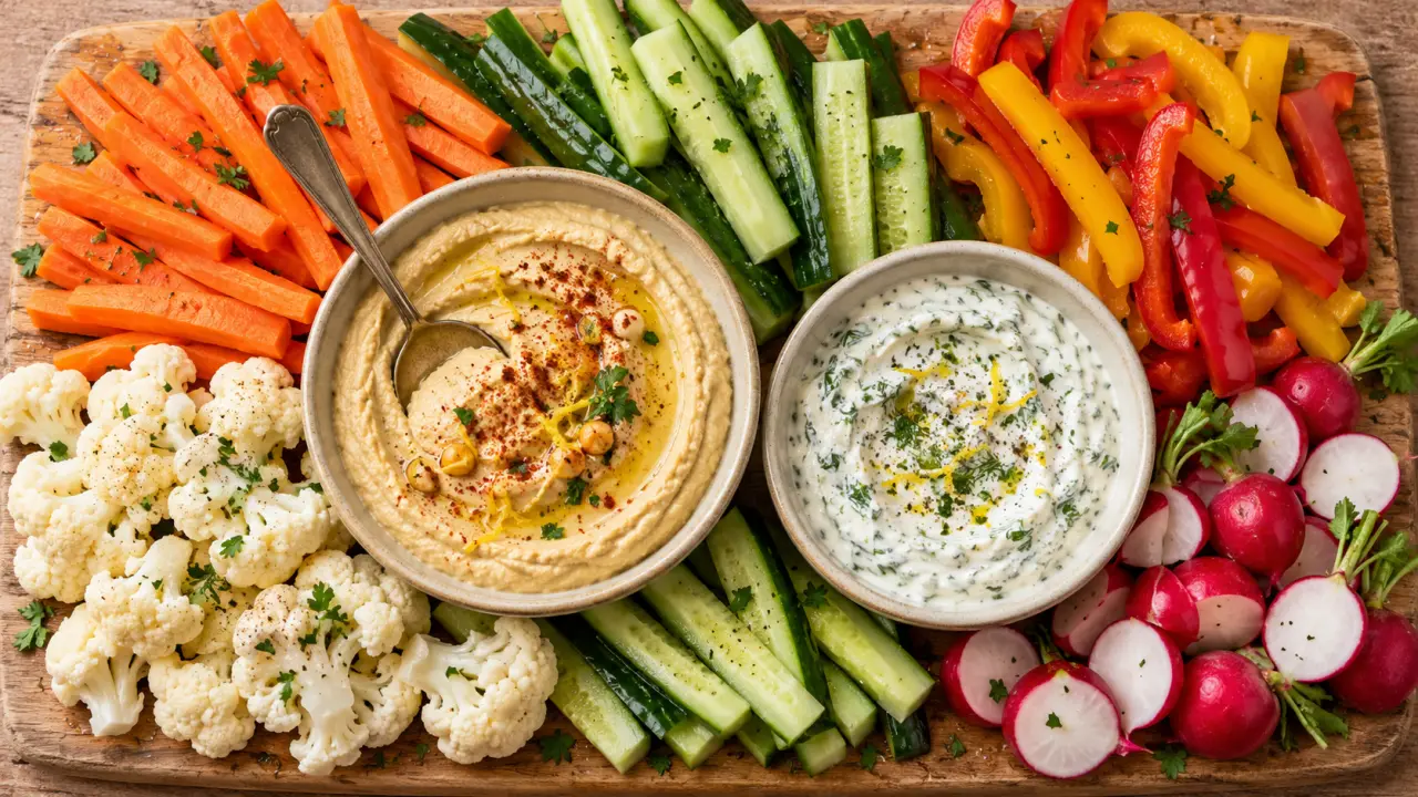Légumes en apéro sauce : bols de houmous et sauce aux herbes