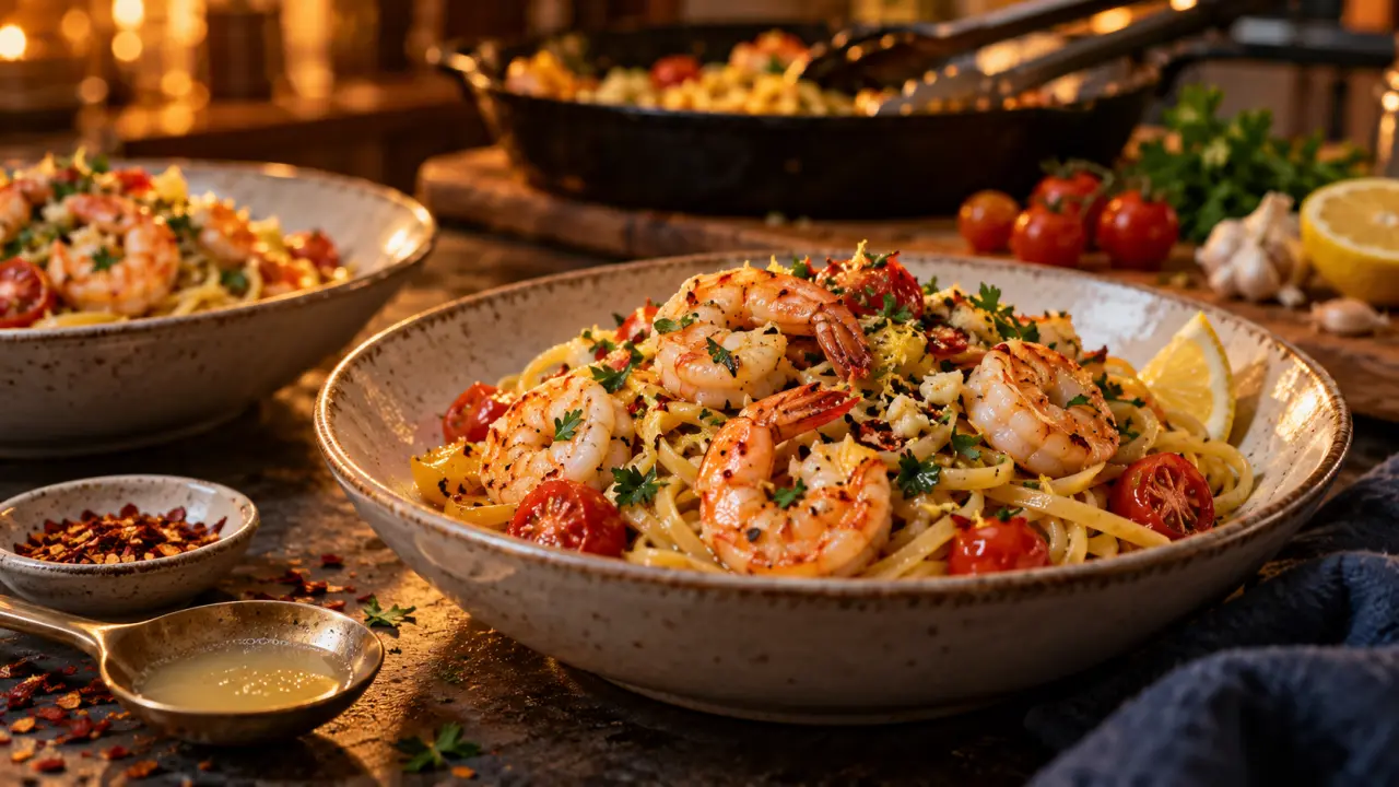 Pâtes aux crevettes recette italienne à la tomate, sans crème, linguine
