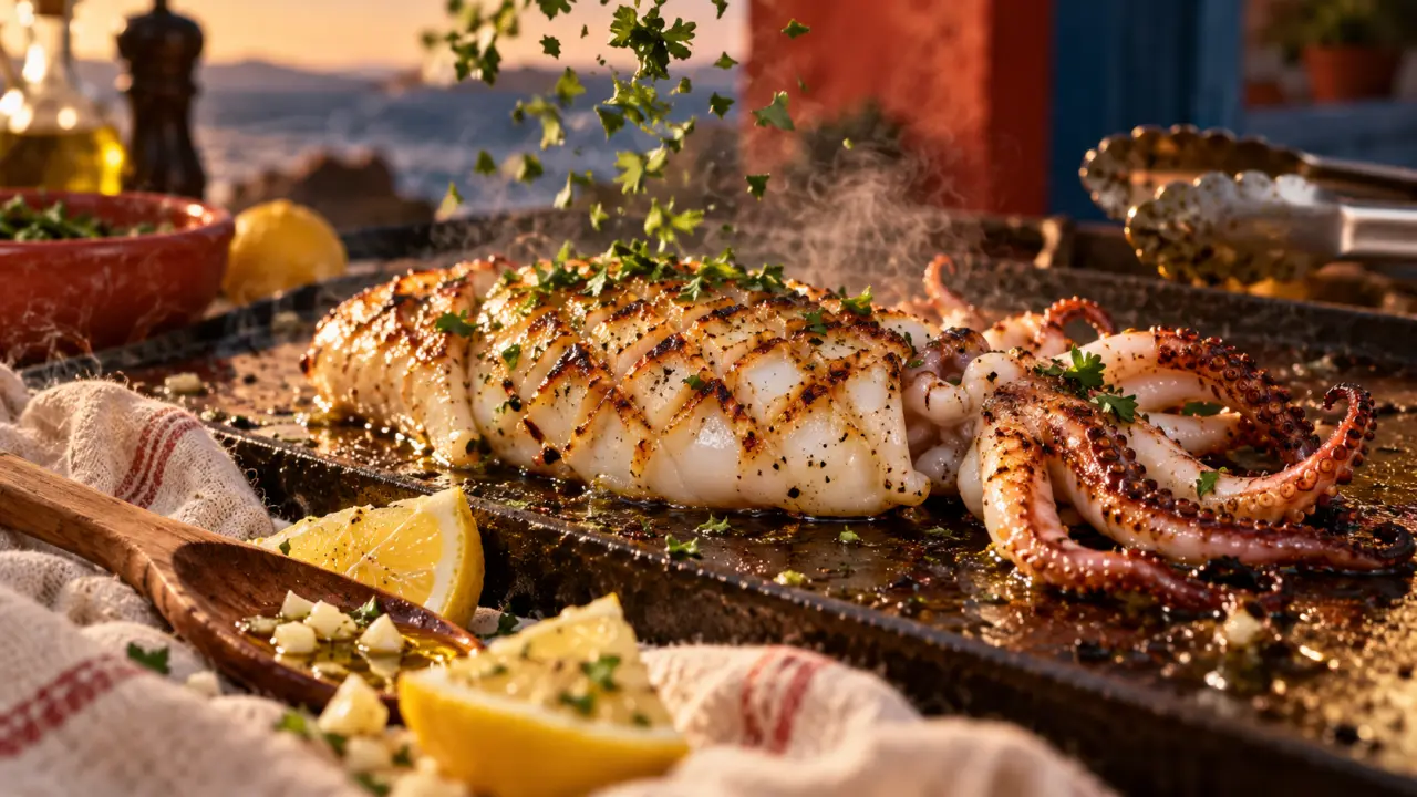 Seiche à la plancha, chair tendre, cuisson courte sur plancha chaude