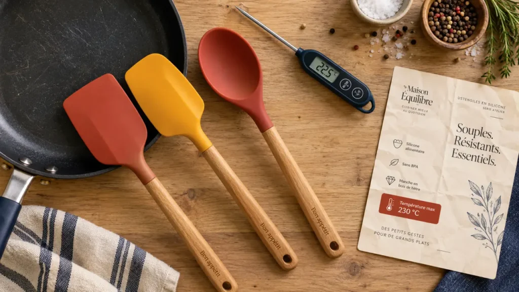 Ustensiles de cuisine en silicone pour protéger une poêle antiadhésive